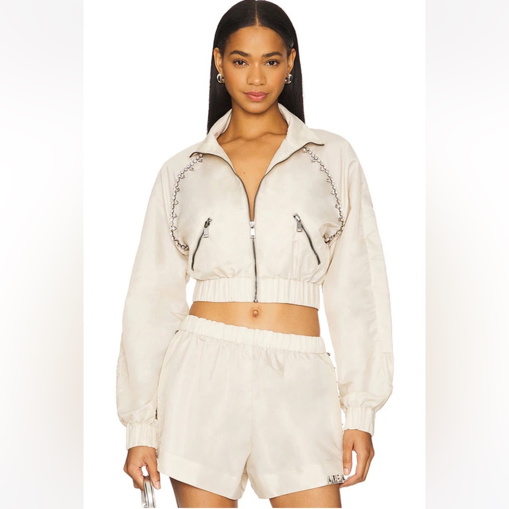 AREA Revolve Crystal Trim Track Jacket Cream Rhinestone Embellished Large NWT